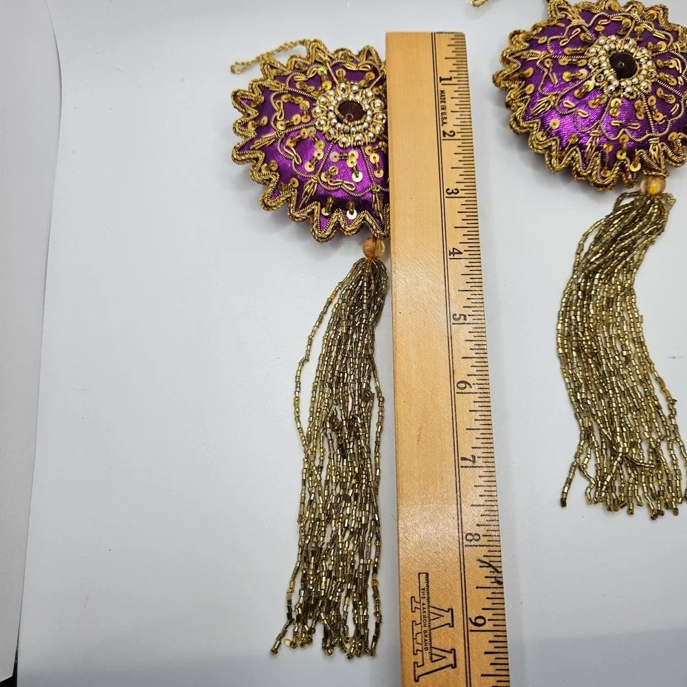 Vintage Purple & Gold Beaded‎ Tassel Ornaments Set of 2 Handmade Boho